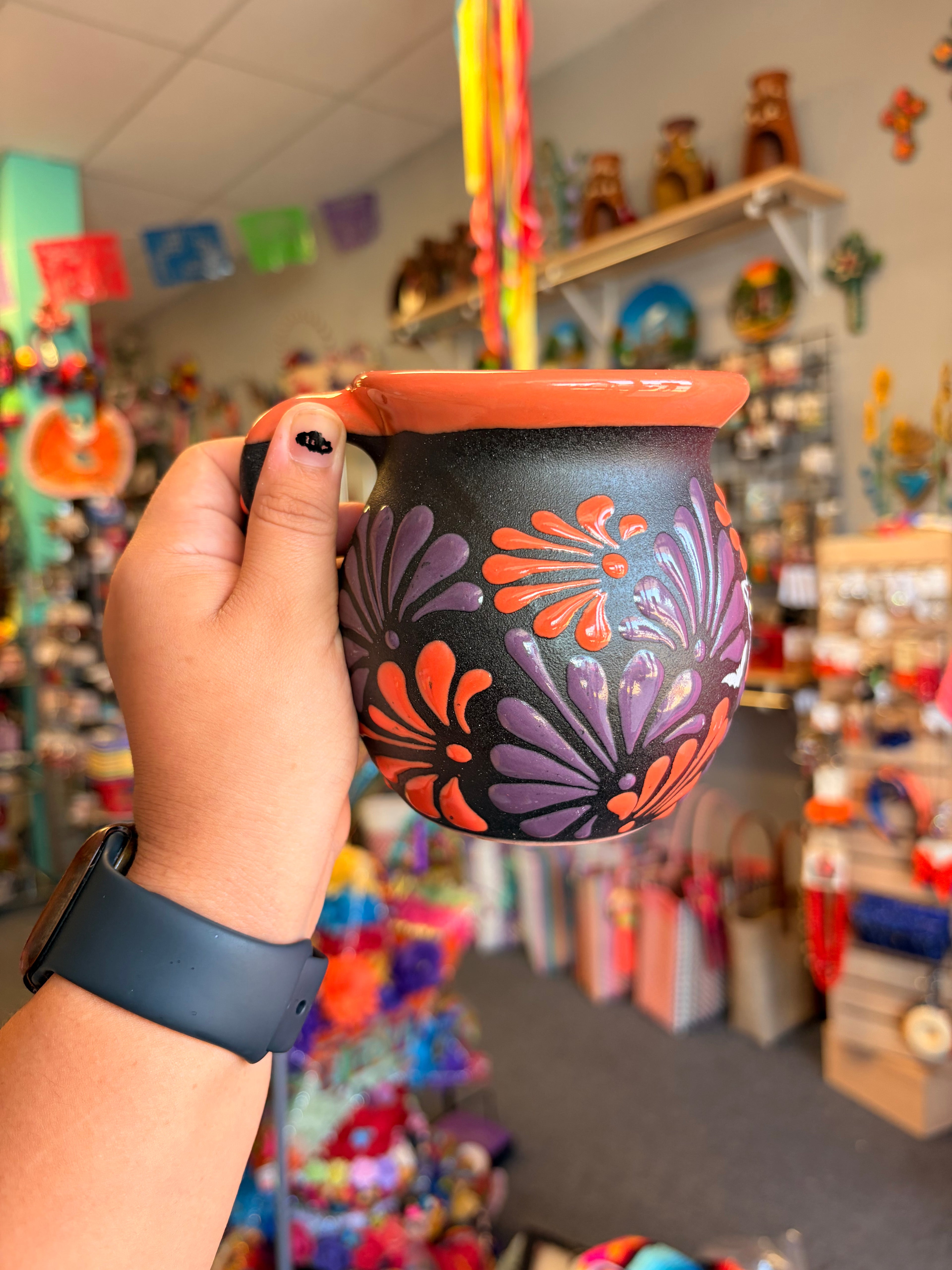 Orange rimmed black cat mug