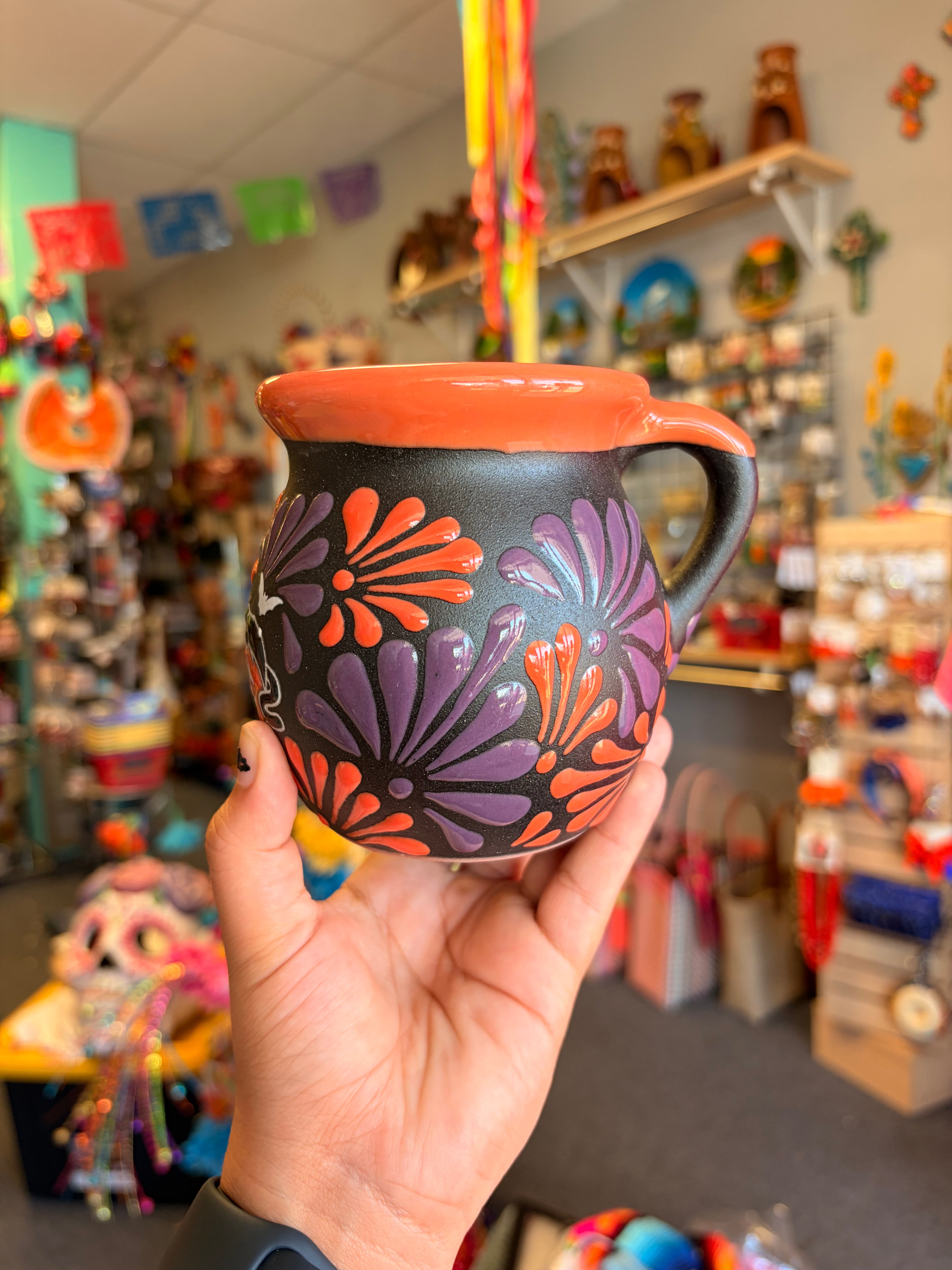 Orange rimmed black cat mug